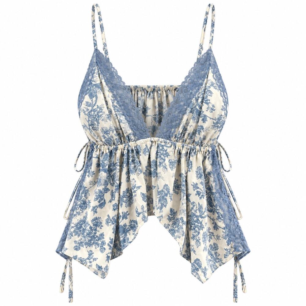 Out From Under Floral Lace Peplum Cami Top M Blue Coquette Fairycore Y2K